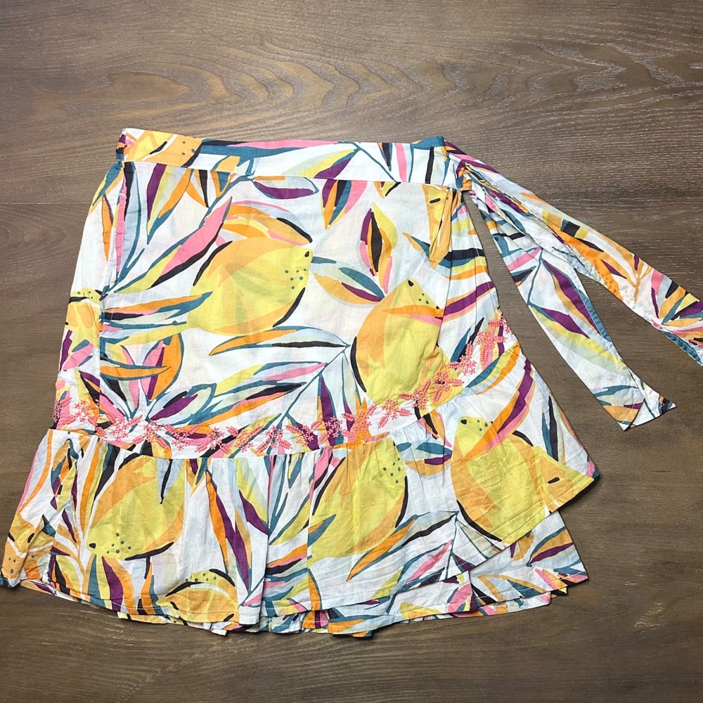 C&C California Womens Lemon Print Wrap Skirt Yellow Pink Floral Ruffle Medium